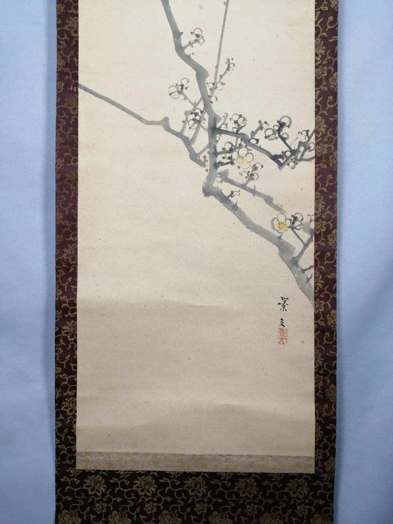 【茶道具】松村景文筆　『梅と鶯』　絵　茶軸　掛軸B931