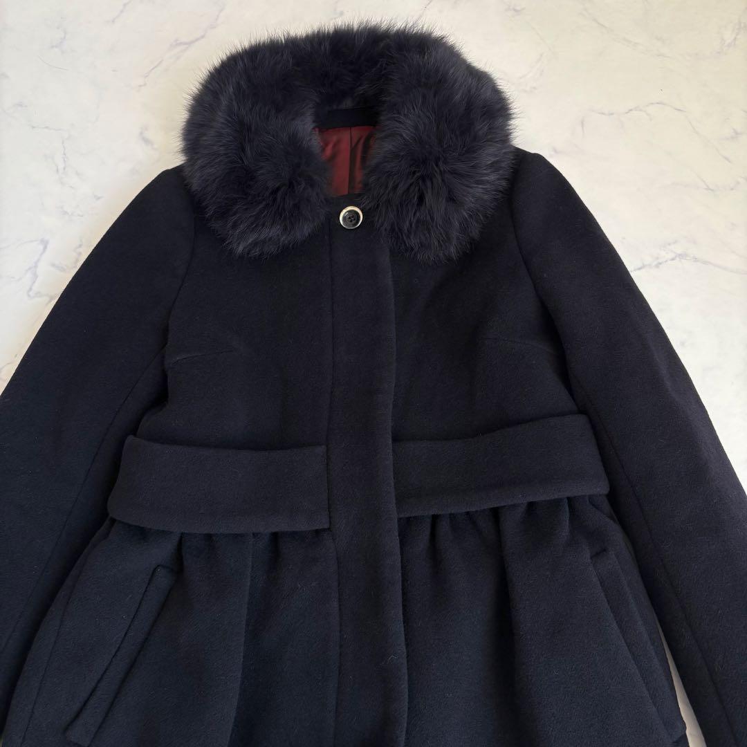 Sov. ソブ ブルーフォックスファー付 アンゴラロングコート 38 紺
