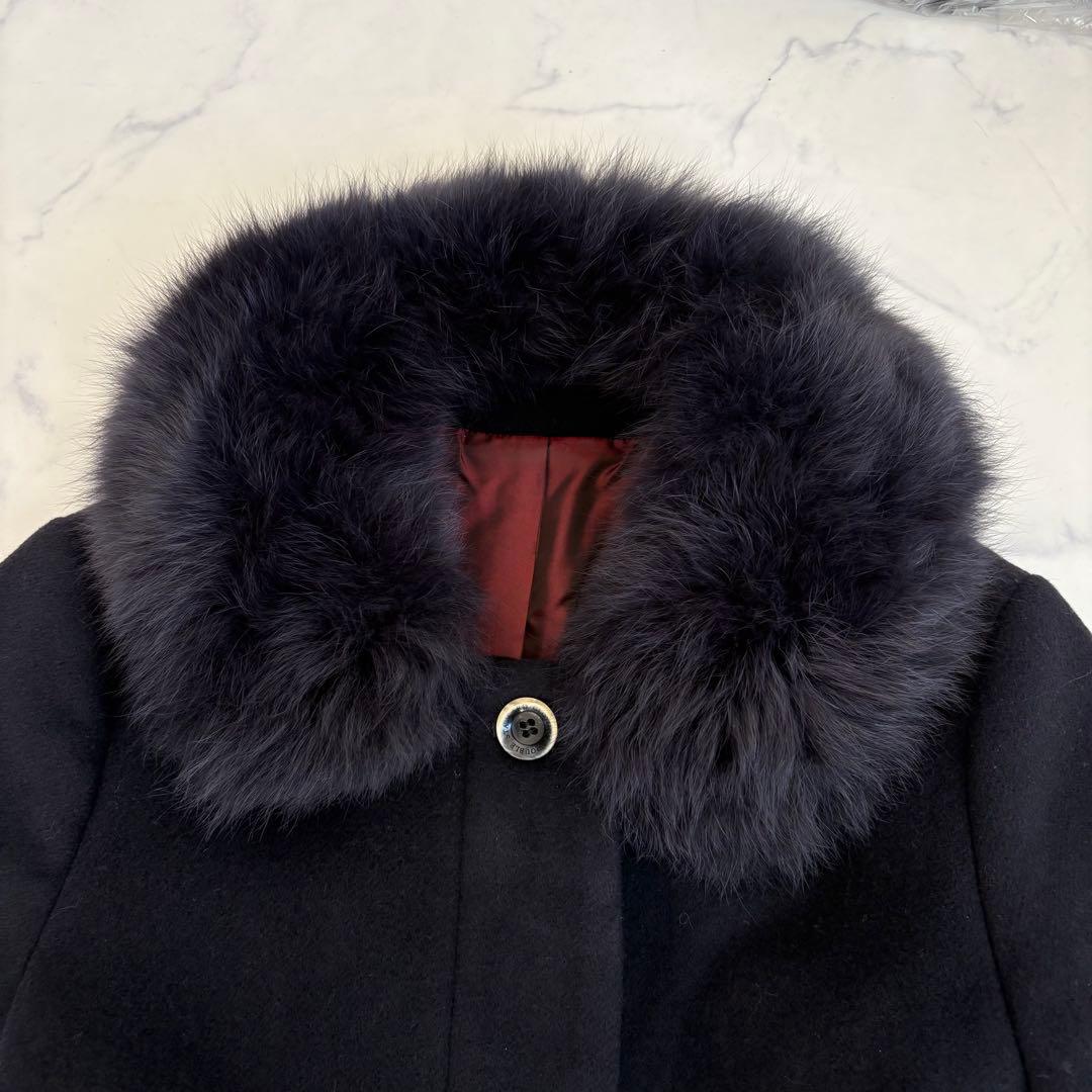Sov. ソブ ブルーフォックスファー付 アンゴラロングコート 38 紺