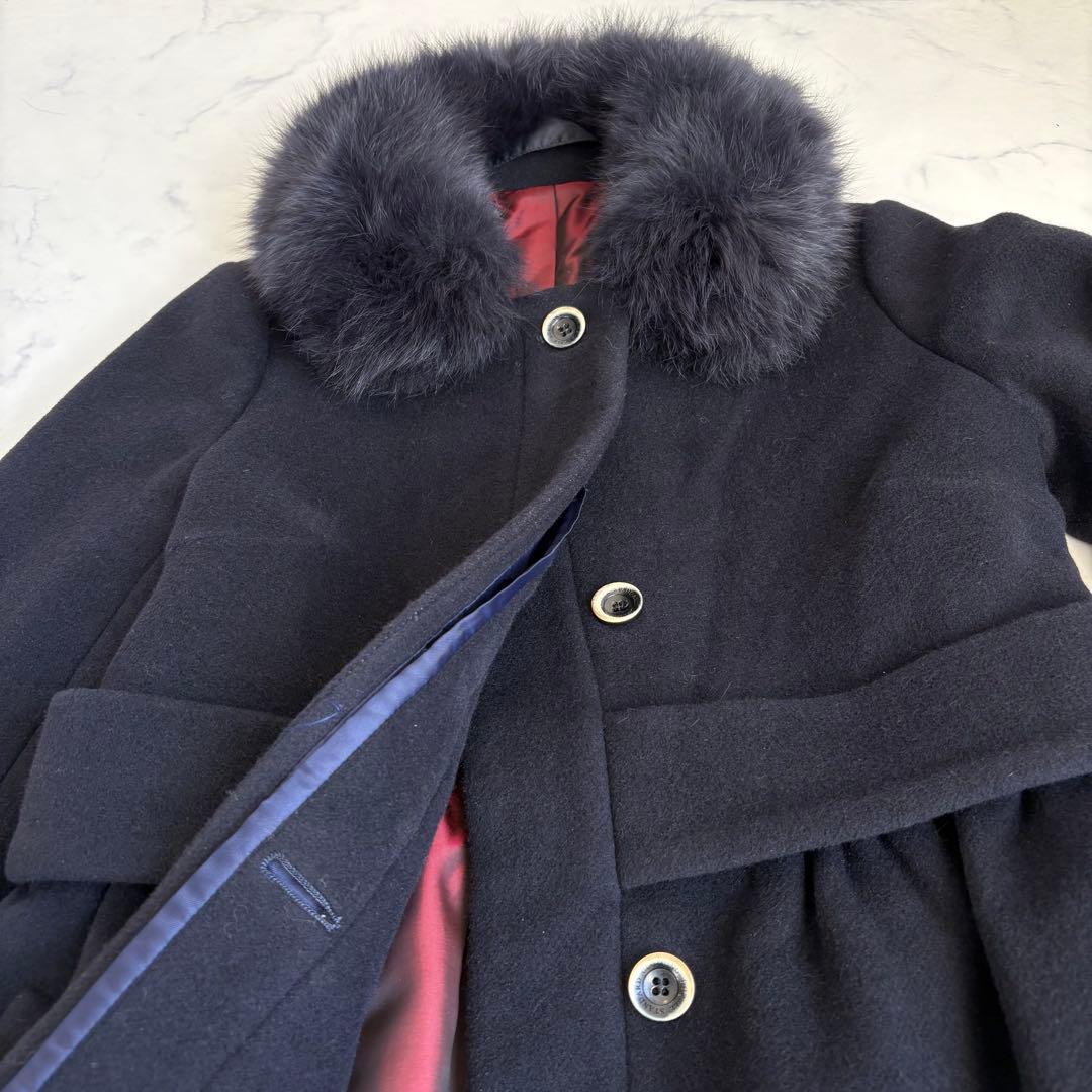 Sov. ソブ ブルーフォックスファー付 アンゴラロングコート 38 紺