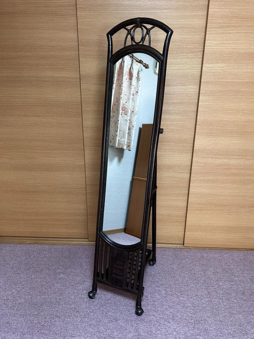 レトロ　ヴィンテージ　モダン　ラタン　姿見　全身鏡　スタンドミラー