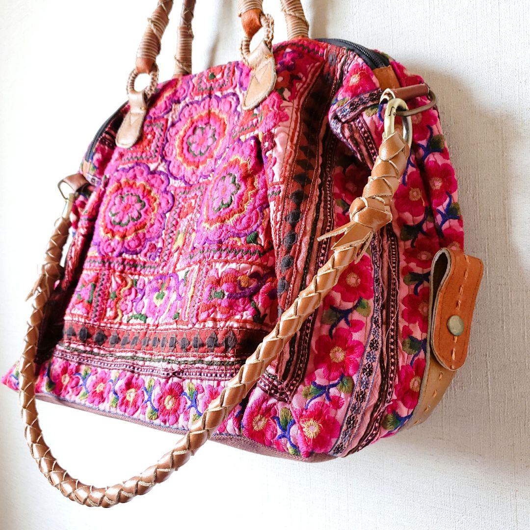 ★ 一点物 未使用 ★ アジア 少数民族 刺繍 古布 ショルダーバッグ ピンク