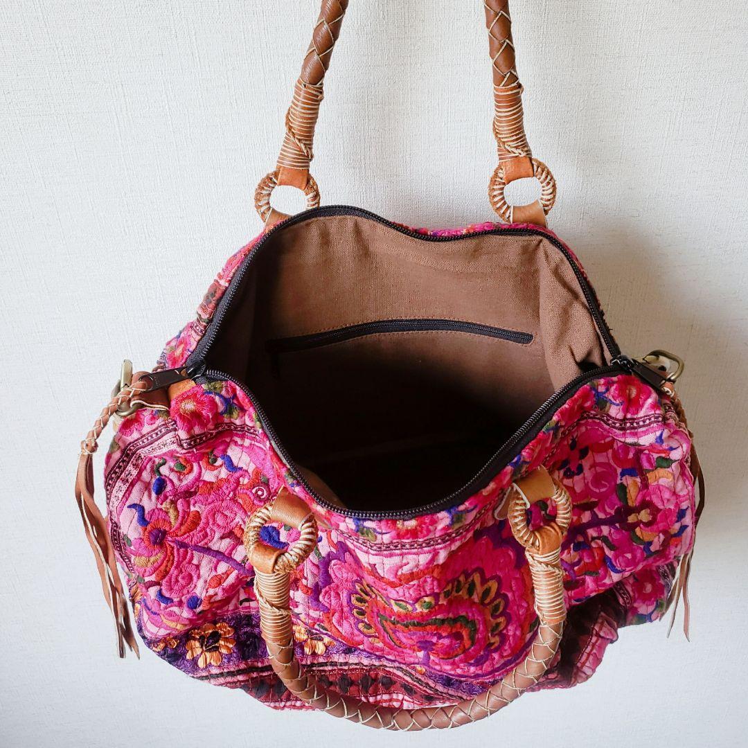 ★ 一点物 未使用 ★ アジア 少数民族 刺繍 古布 ショルダーバッグ ピンク