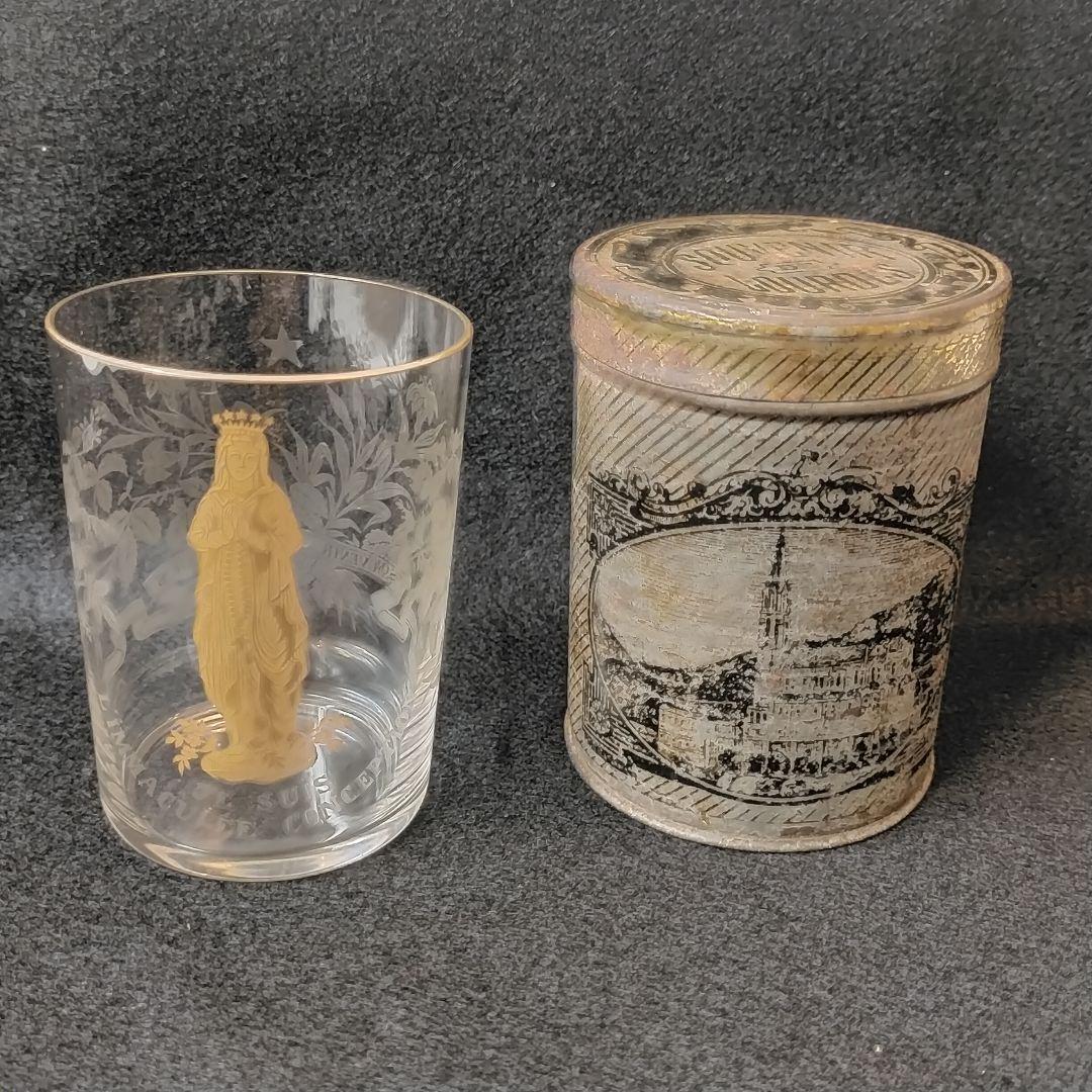 フランス製 ルルドの泉 聖母マリア 聖水グラス アシッドエッチング 金彩