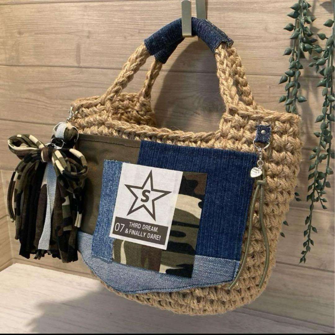 桔梗様 ハンドメイドバッグ デニムリメイクバッグ リメイクデニム カゴバッグ