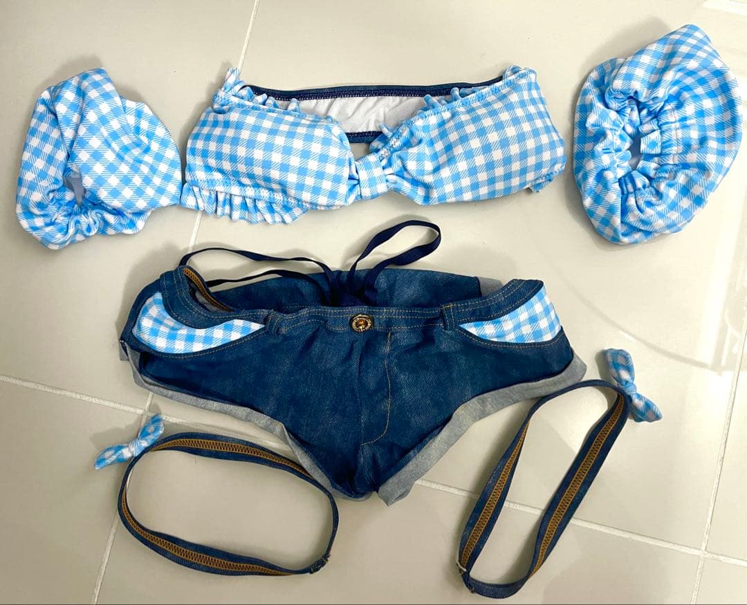 【pharfaite】ギンガムチェック＆デニム柄スイムウェア、サックス