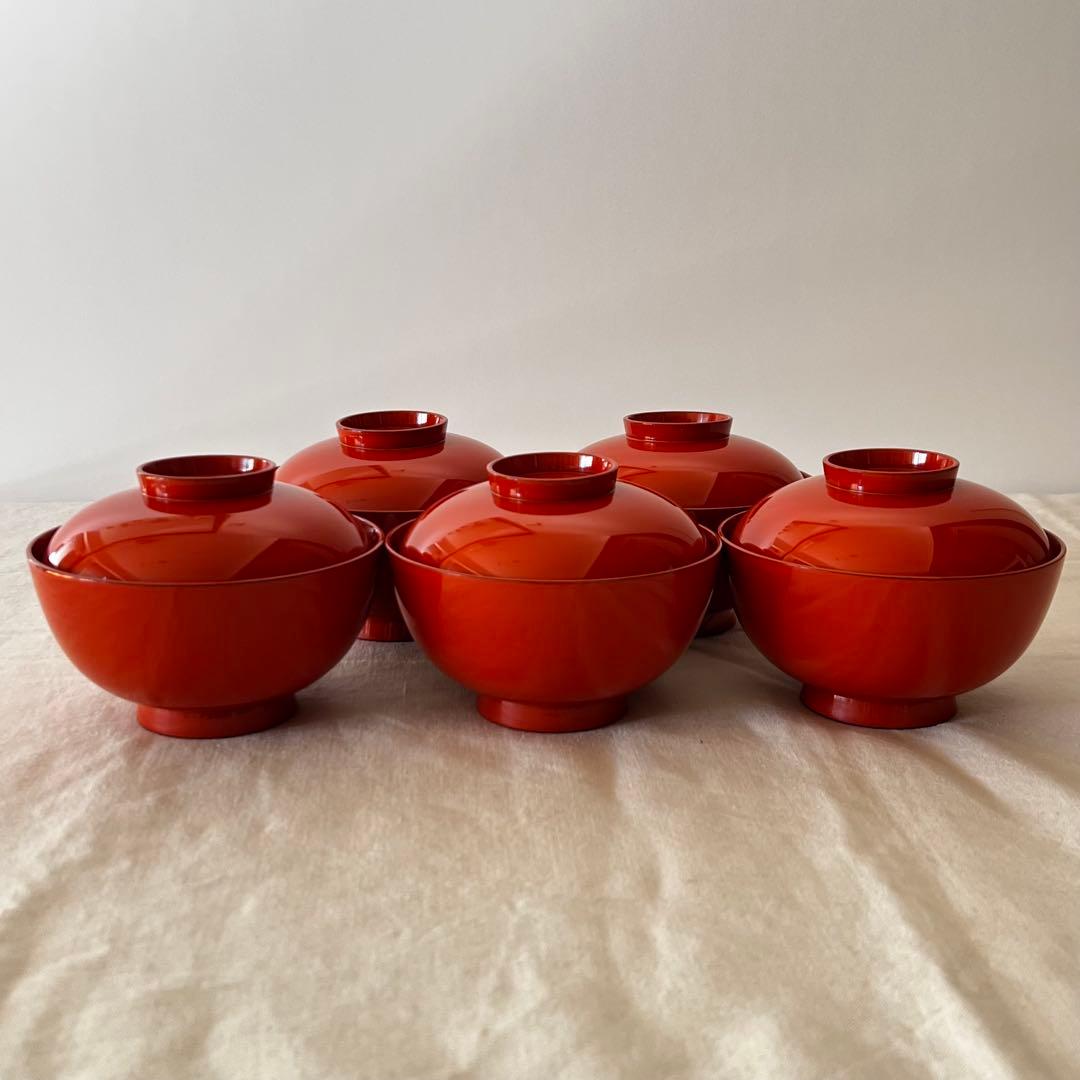 朱呂色根来椀五客　新品同様　高級漆器　蔵出し　骨董