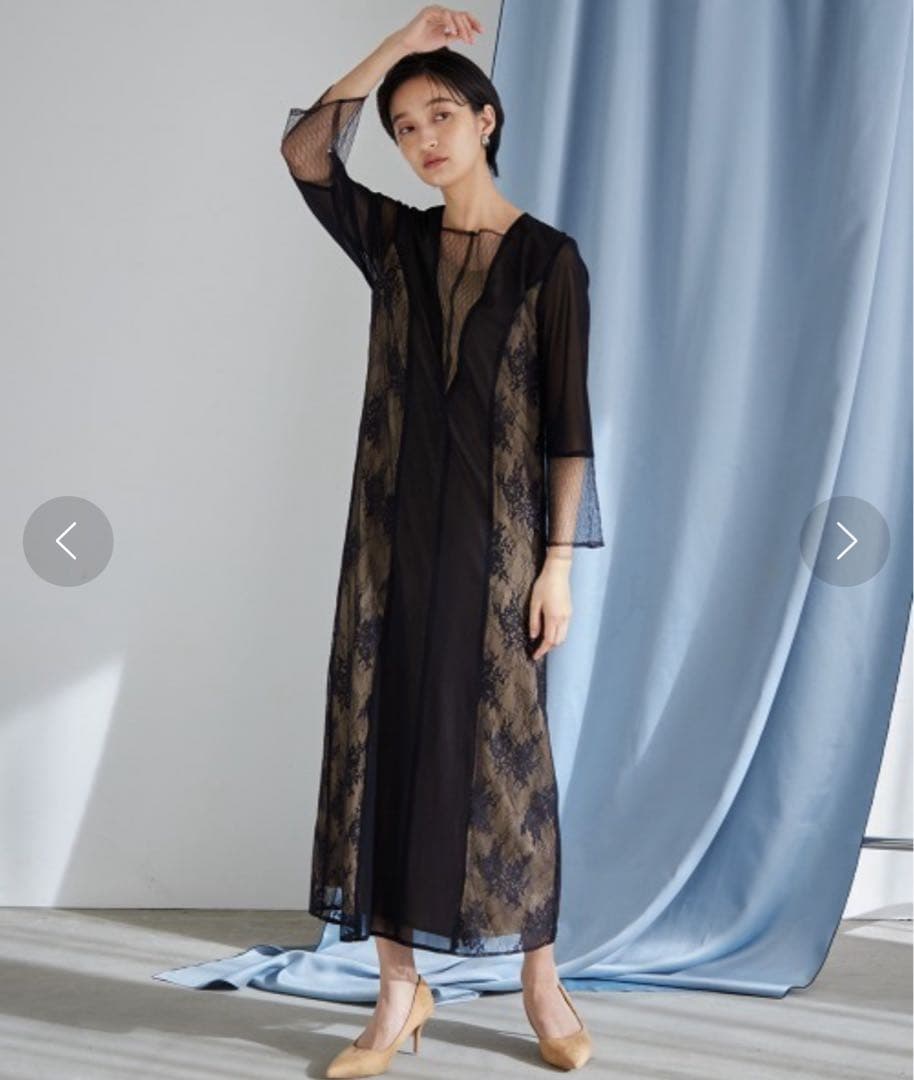 Vネックチュールデザインロング丈ワンピースドレス