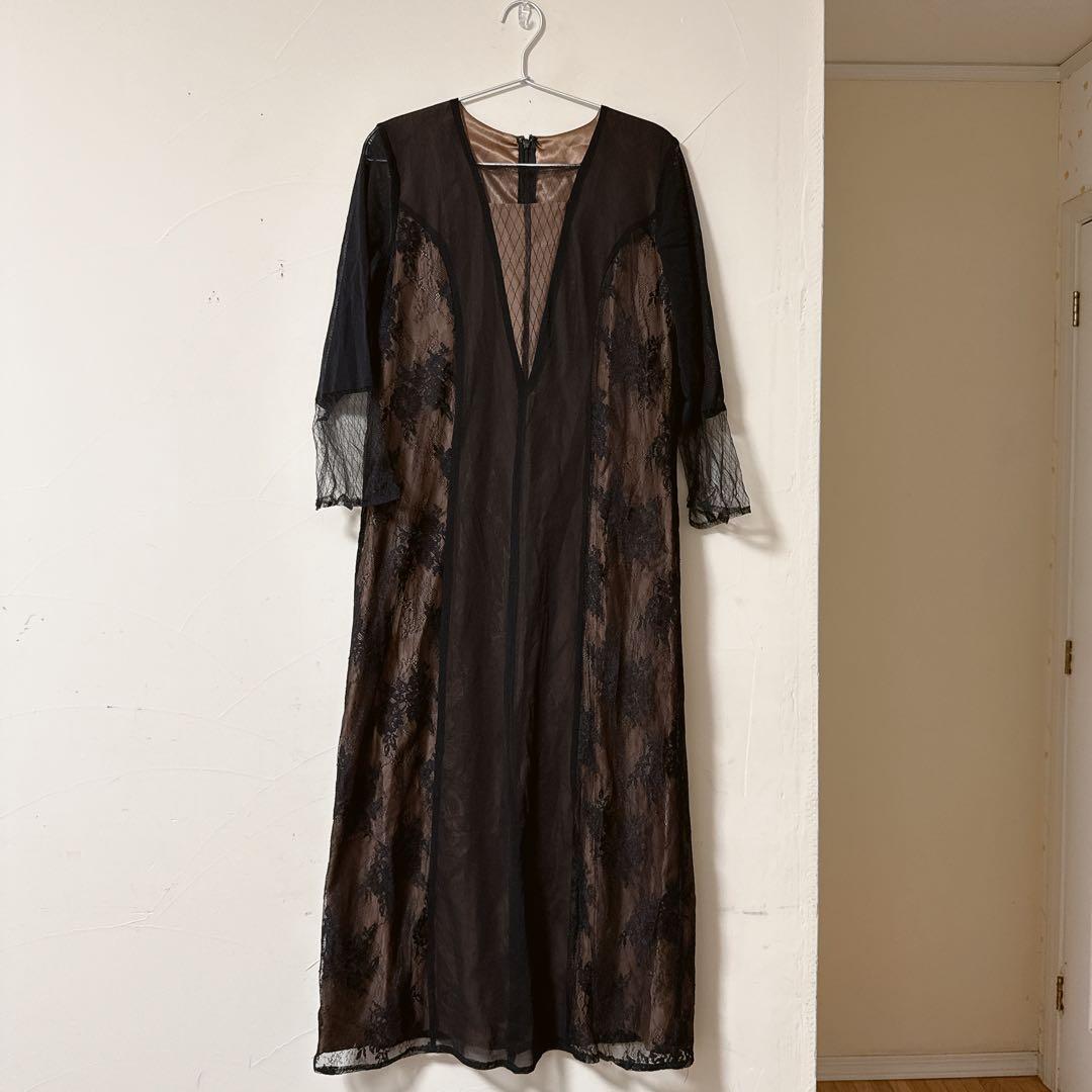 Vネックチュールデザインロング丈ワンピースドレス