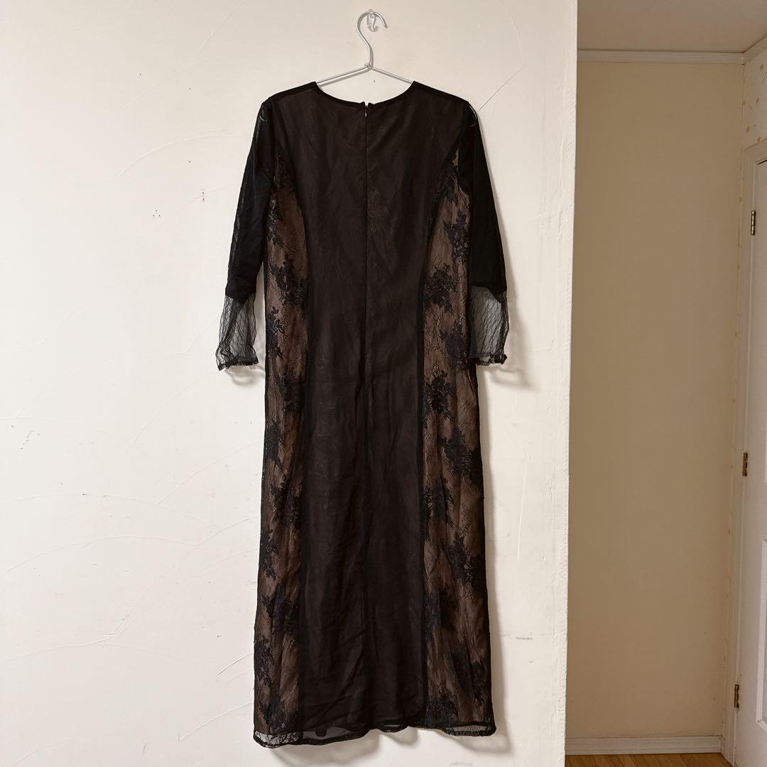 Vネックチュールデザインロング丈ワンピースドレス