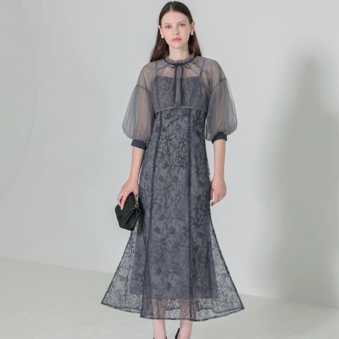 Leja マーメイドシルエットキャミワンピースリボン付きシアーパフスリーブ M