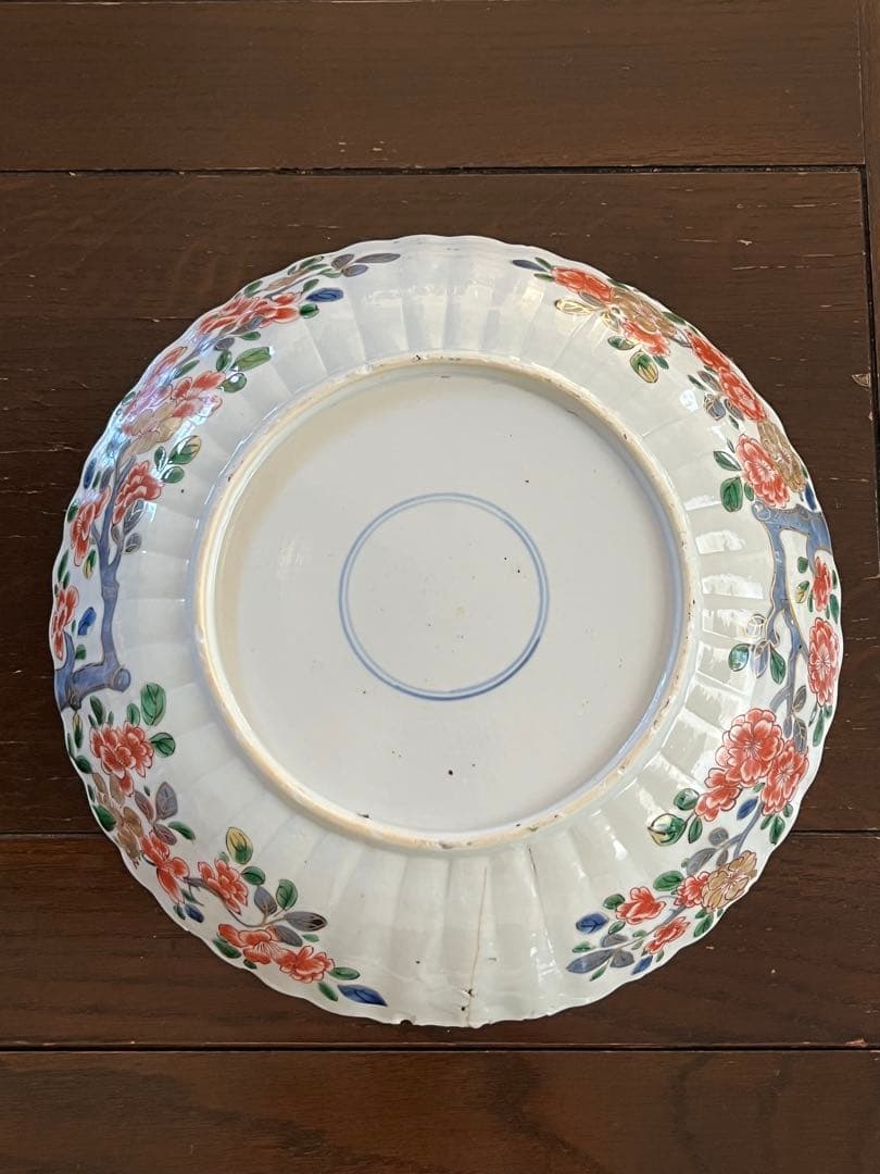 希少清朝初期　康熙年間　五彩　桜花輪花八寸皿　花籠　中国古玩古伊万里中国古美術