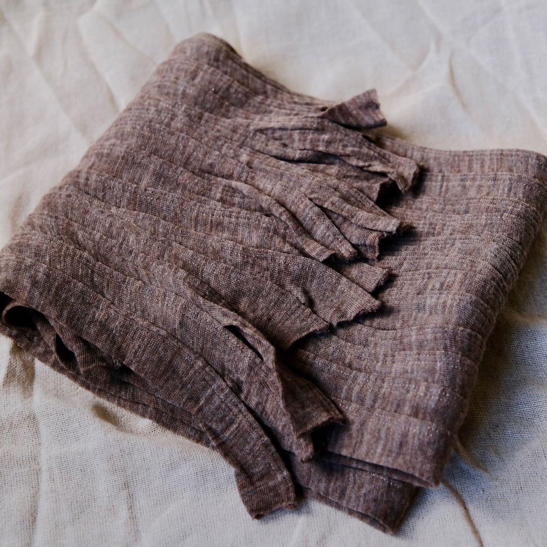 極美品ISAAC SELLAMアイザックセラムモカブラウンウールフリンジマフラー