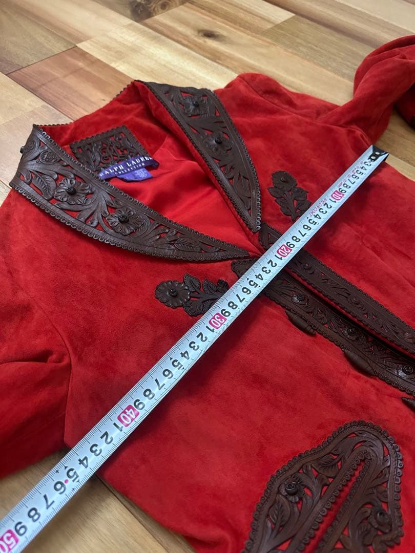 赤 スエード 刺繍 テーラードジャケット