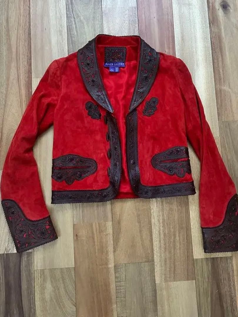 赤 スエード 刺繍 テーラードジャケット