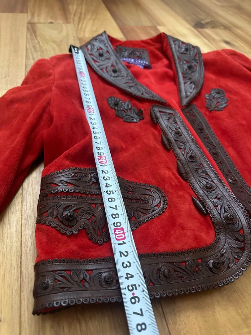 赤 スエード 刺繍 テーラードジャケット