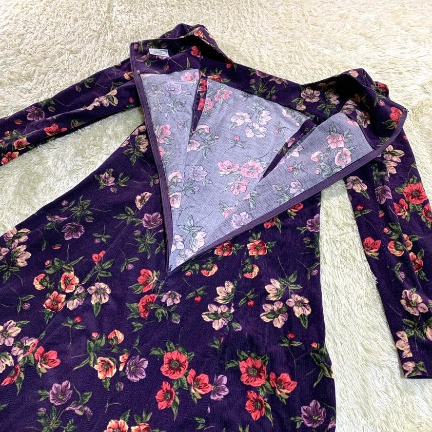 ローラアシュレイ 長袖ロングワンピース ベロア 花柄 パフスリーブ Aライン 紫