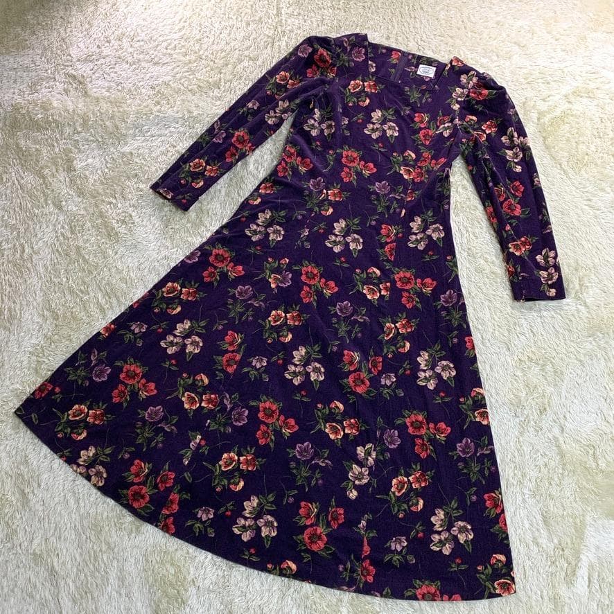 ローラアシュレイ 長袖ロングワンピース ベロア 花柄 パフスリーブ Aライン 紫