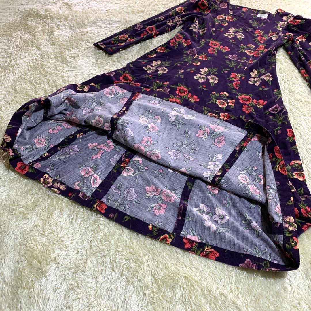ローラアシュレイ 長袖ロングワンピース ベロア 花柄 パフスリーブ Aライン 紫