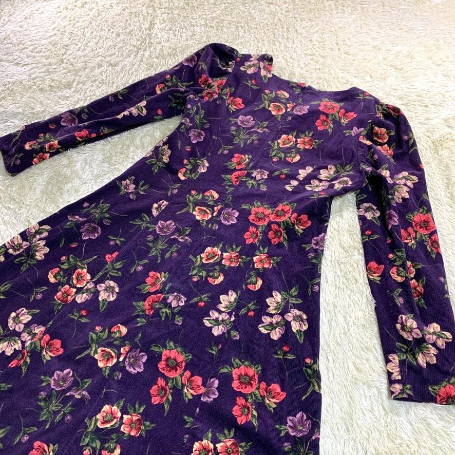 ローラアシュレイ 長袖ロングワンピース ベロア 花柄 パフスリーブ Aライン 紫