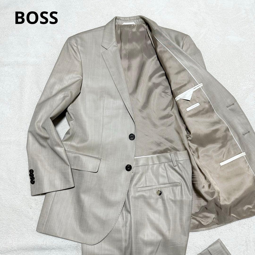 085 美品 HUGO BOSS ヒューゴボス 光沢 スーツ ベージュ系 L相当