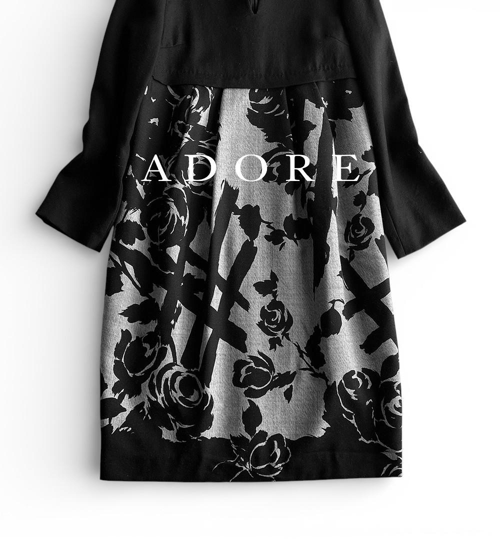 美品 アドーア 極上 落ち感ウール モノトーンボタニカルフラワー切替ワンピース