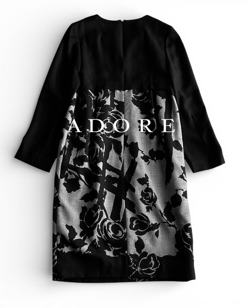 美品 アドーア 極上 落ち感ウール モノトーンボタニカルフラワー切替ワンピース