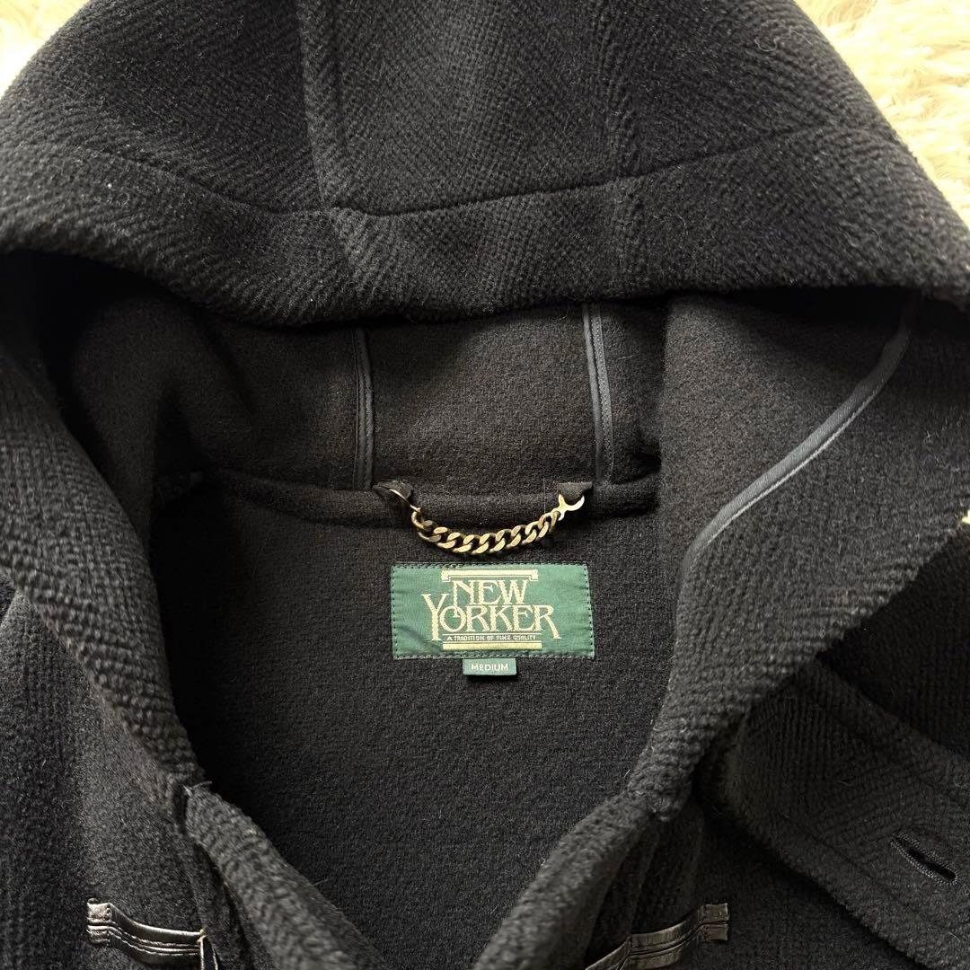 美品★ニューヨーカー ダッフルコート メンズ ヘリンボーン フード ロング丈 黒