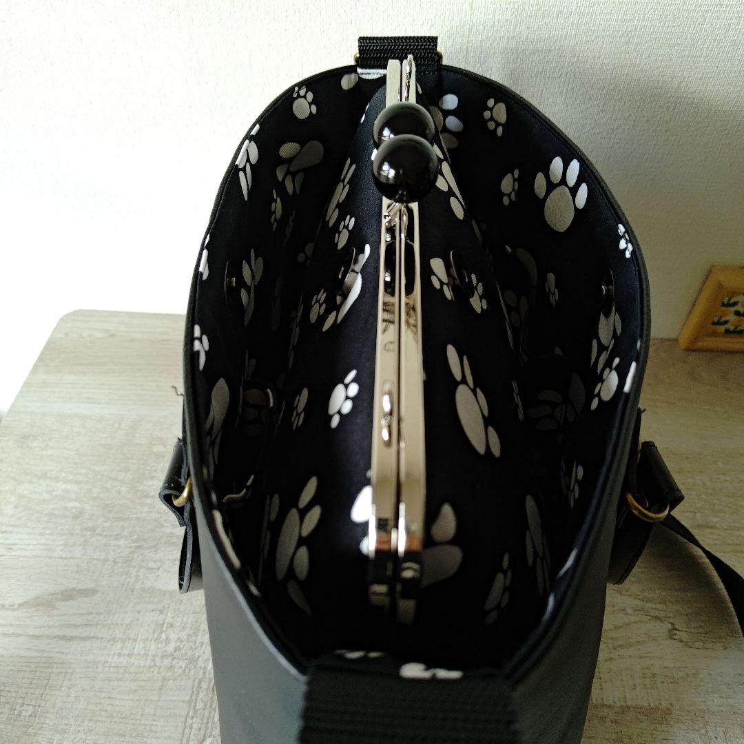 【のっちぃ様】がま口トートバッグ　トートショルダー　黒レザー　ハンドメイド