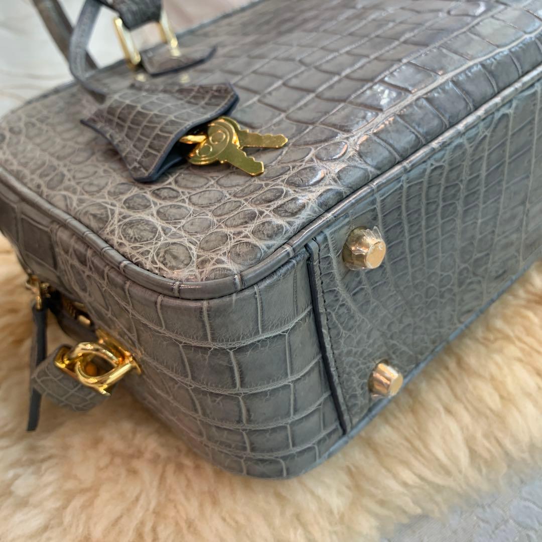 ☆新品同様☆JRA認定 クロコダイル ハンドバッグ スクエア型 グレー