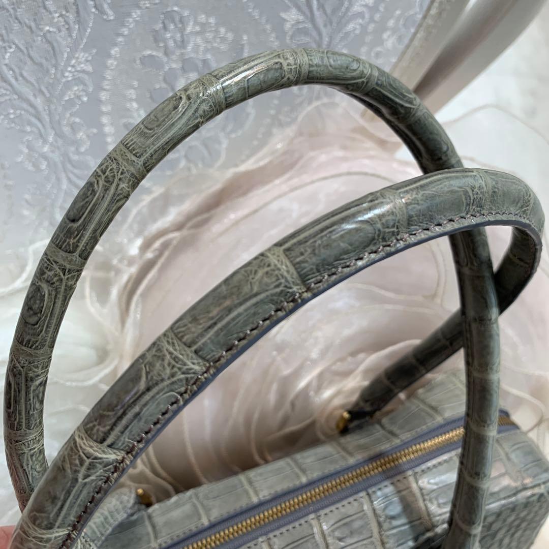 ☆新品同様☆JRA認定 クロコダイル ハンドバッグ スクエア型 グレー