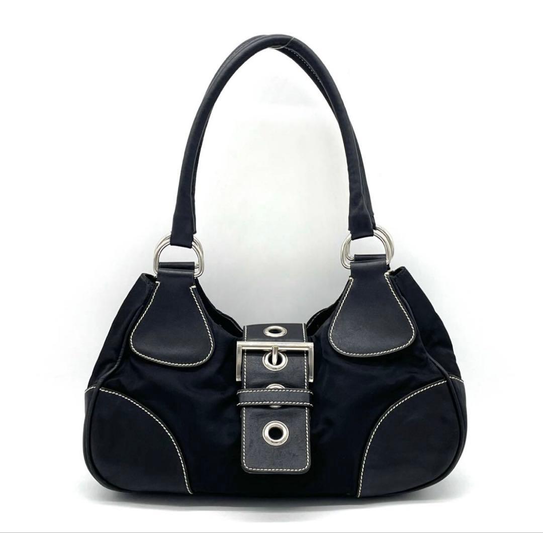 美品 PRADA プラダ レザー ベルトバッグ ハンドバッグ ブラック