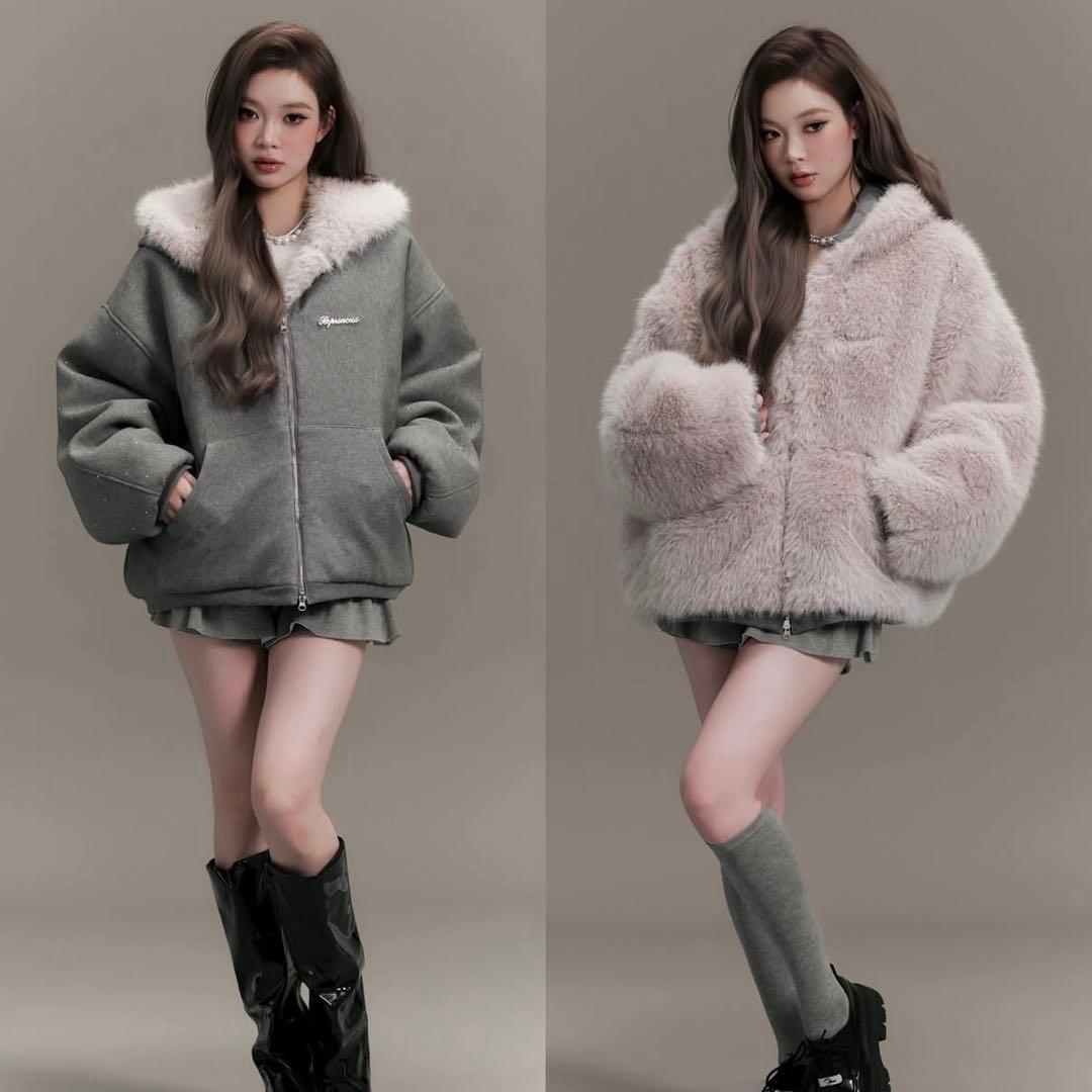 andwang Kirakira 2way fur zip up グレー