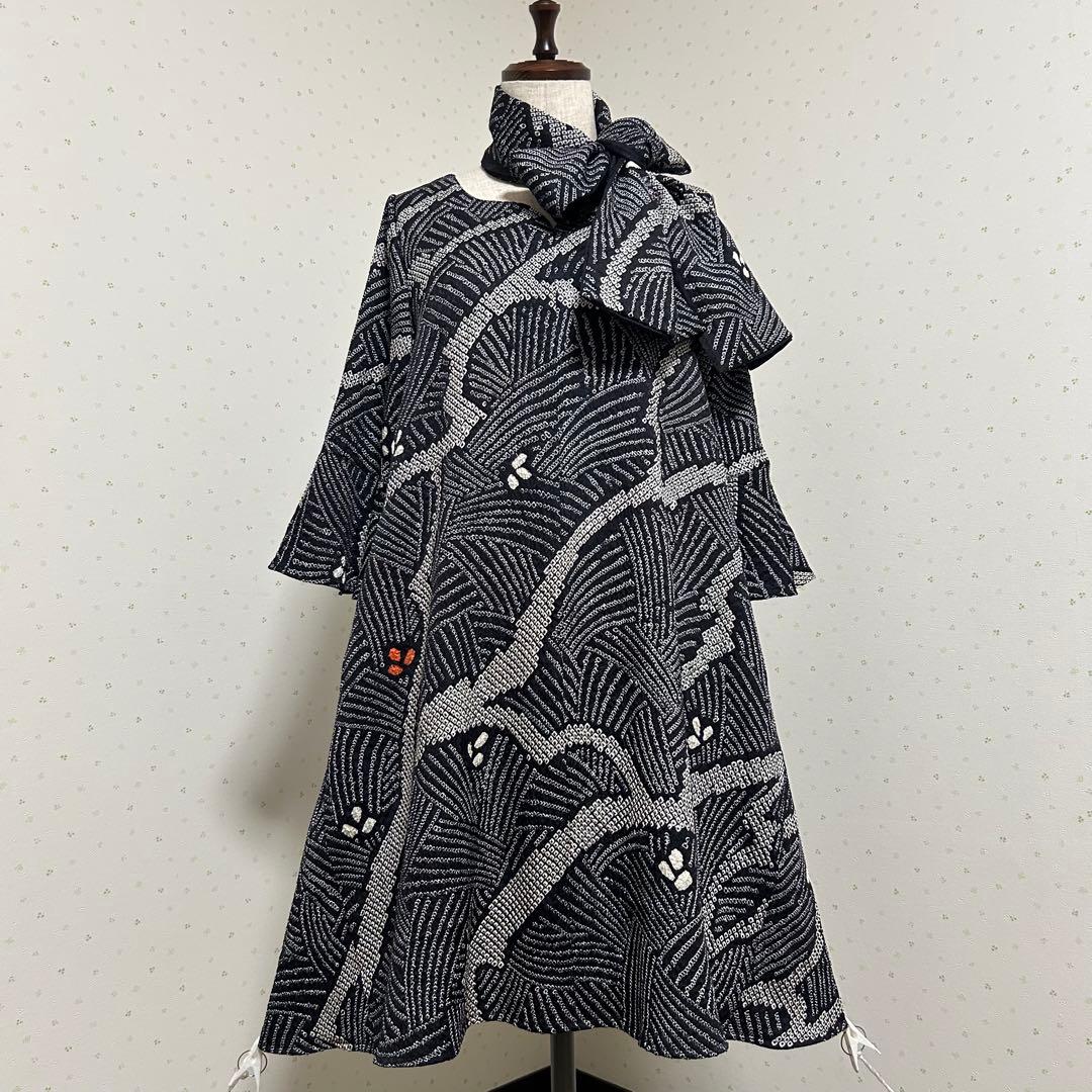 着物リメイク　新品正絹総絞りベルスリーブハート型ネックワンピ＊スヌード