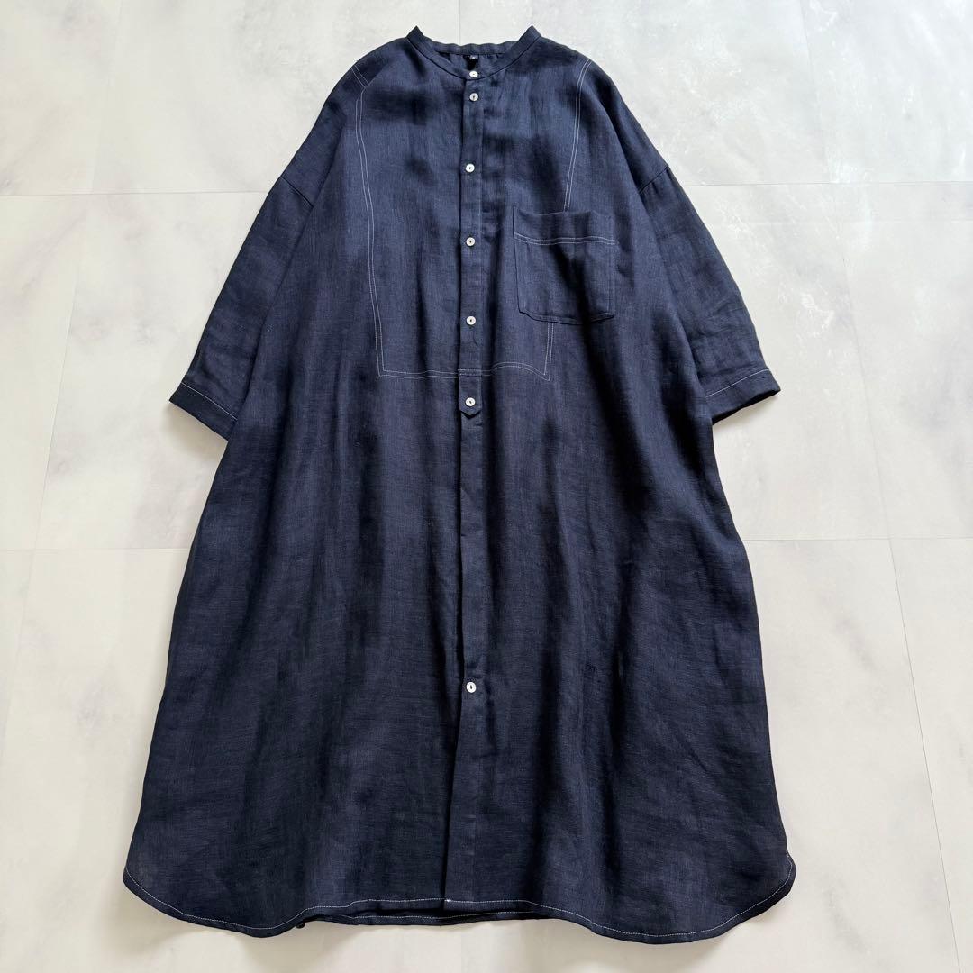 nume ヌメ リネンダブルガーゼシャツワンピース　ネイビー　3 パラスパレス