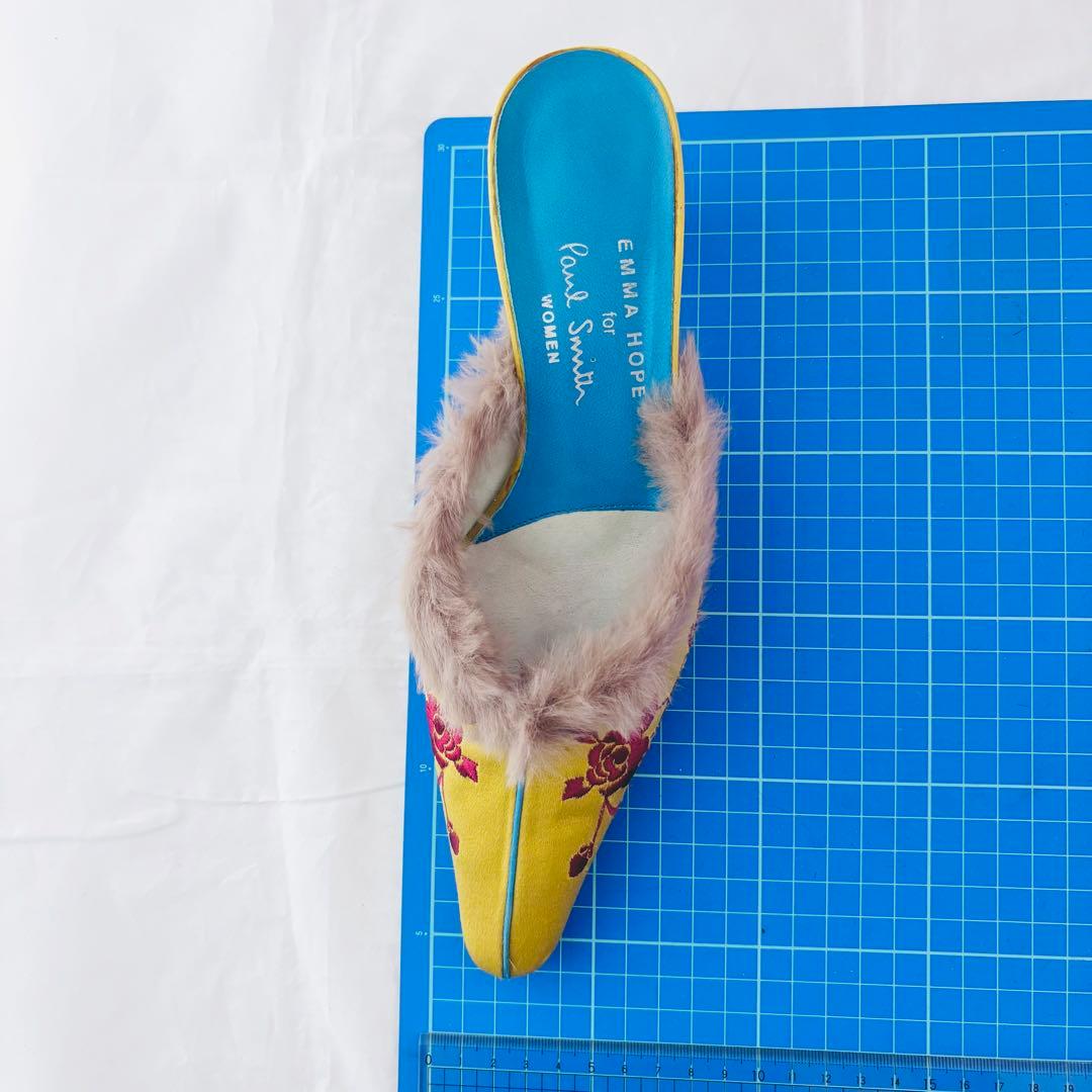 ポールスミス×エマホープ コラボ ミュール 37 刺繍 ファー サテン イエロー