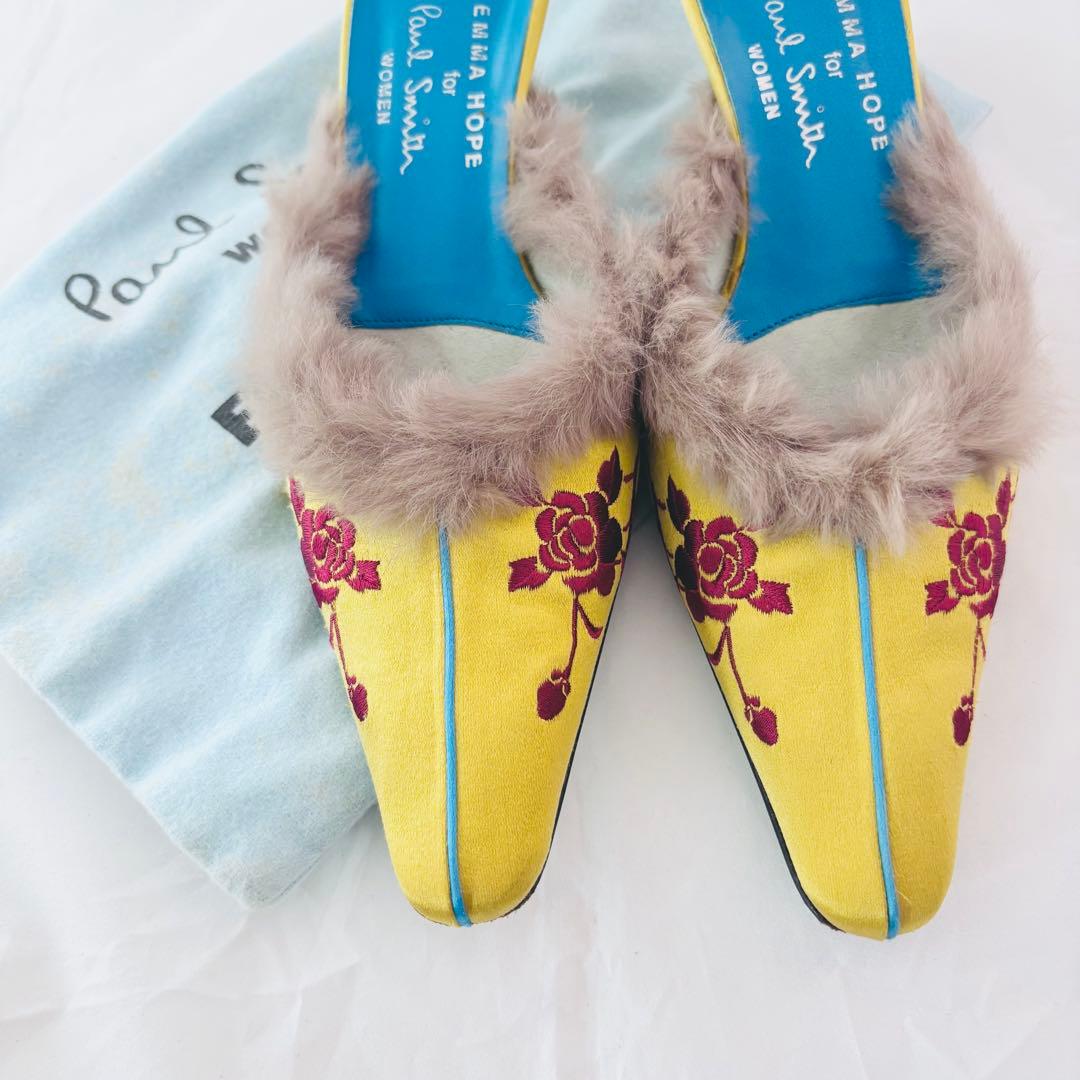 ポールスミス×エマホープ コラボ ミュール 37 刺繍 ファー サテン イエロー