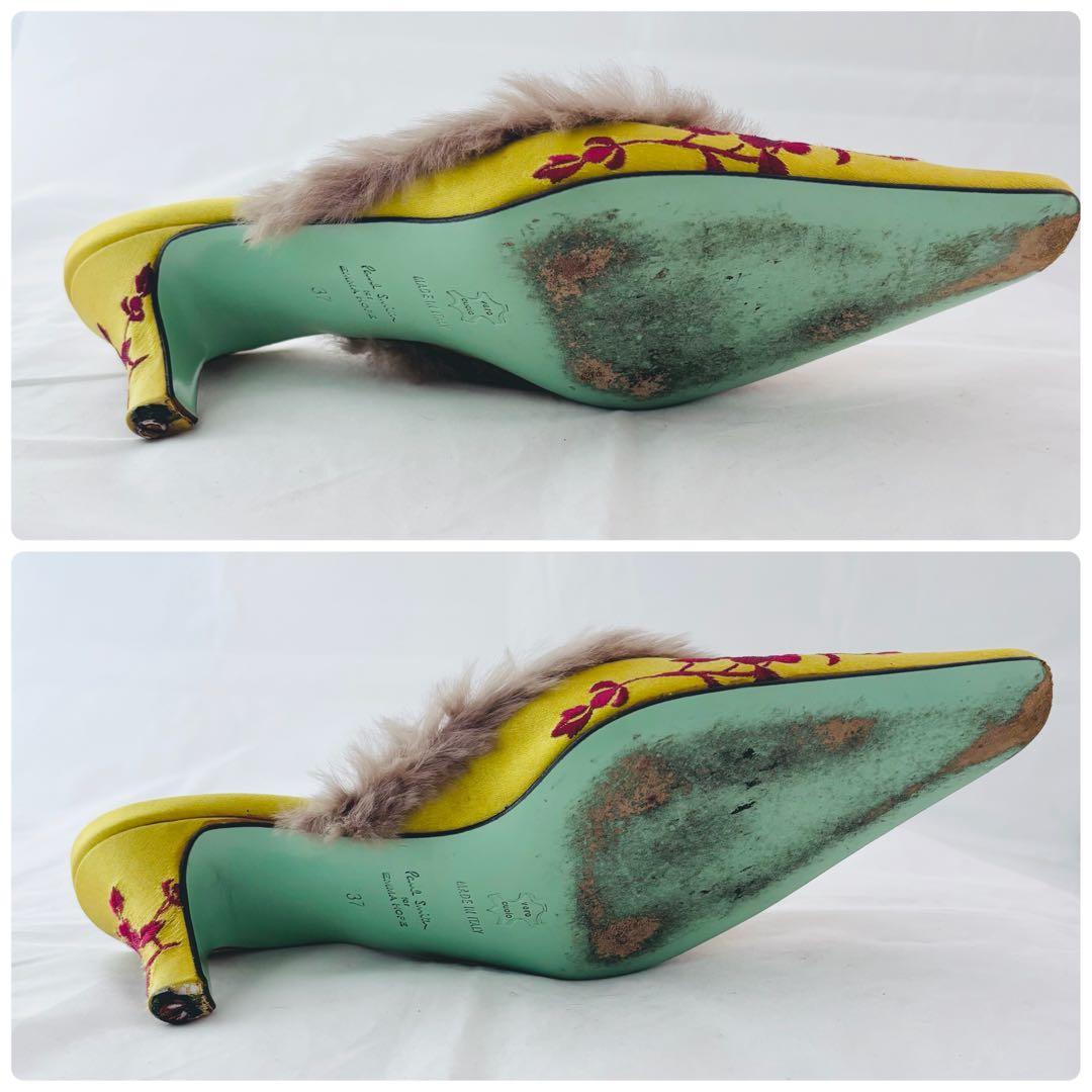 ポールスミス×エマホープ コラボ ミュール 37 刺繍 ファー サテン イエロー