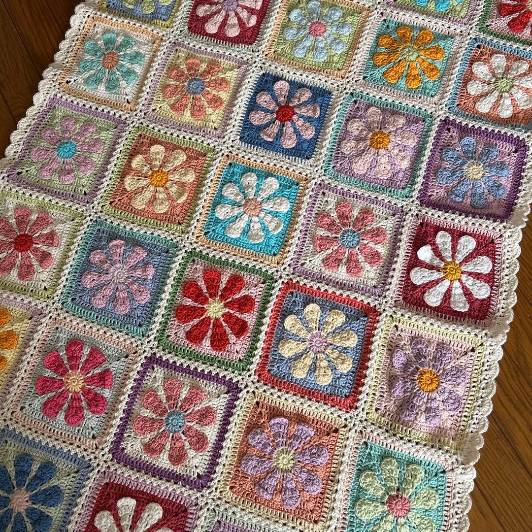 お花のモチーフ編み マルチカバー ブランケット コットン デイジー カラフル