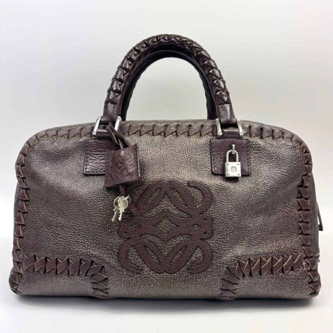 希少 LOEWE アマソナ 36 編み込み ブラウン ハンドバッグ アナグラム