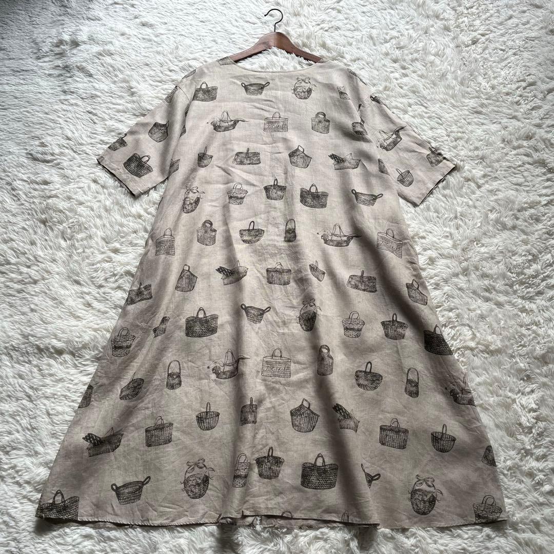 【美品】ビアズリー ロングワンピース リネン 総柄 フレア ナチュラル