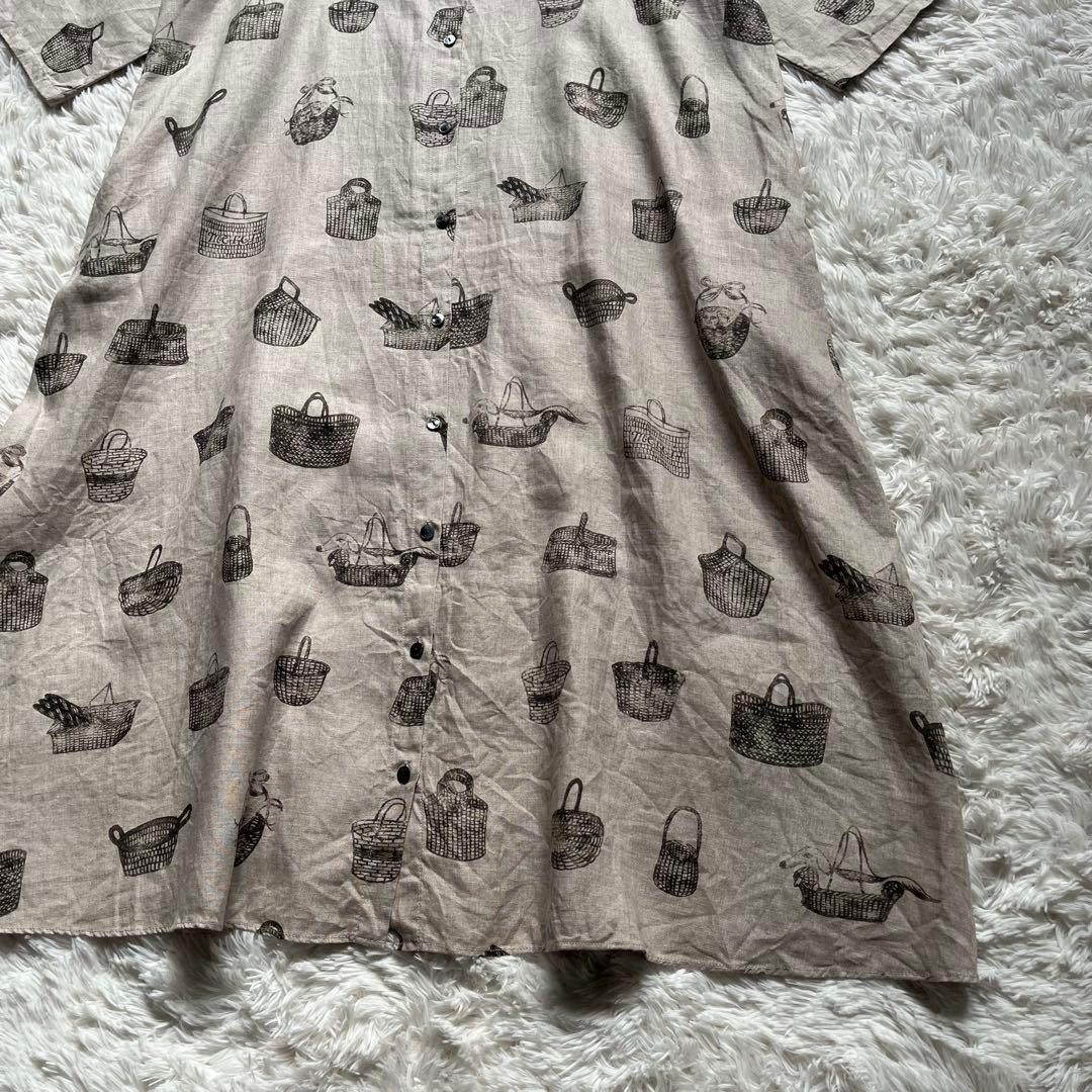 【美品】ビアズリー ロングワンピース リネン 総柄 フレア ナチュラル