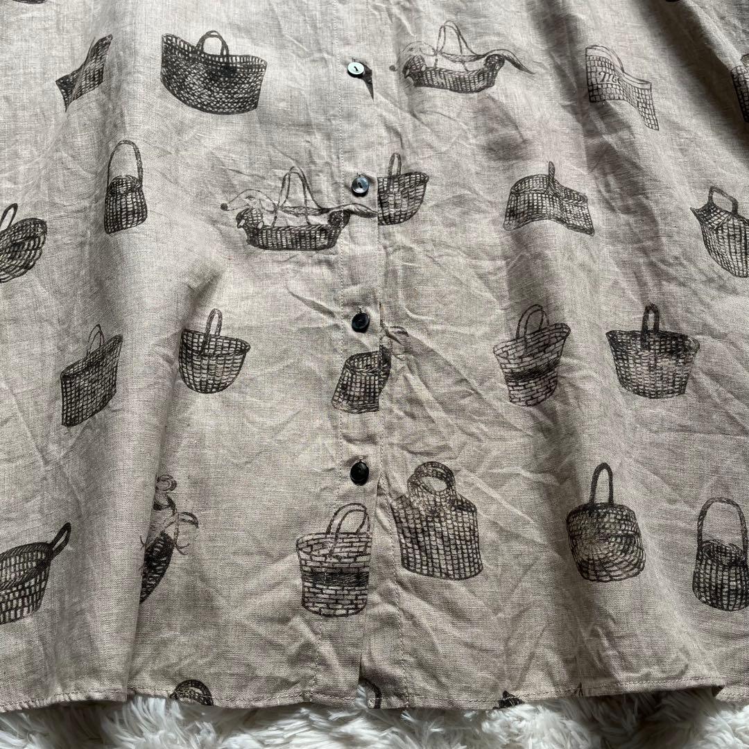 【美品】ビアズリー ロングワンピース リネン 総柄 フレア ナチュラル