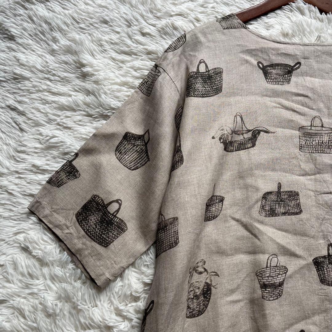 【美品】ビアズリー ロングワンピース リネン 総柄 フレア ナチュラル