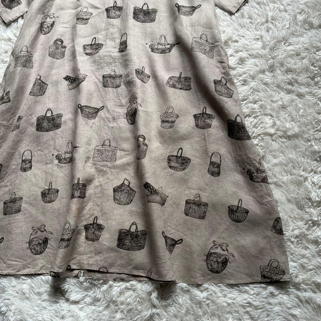 【美品】ビアズリー ロングワンピース リネン 総柄 フレア ナチュラル