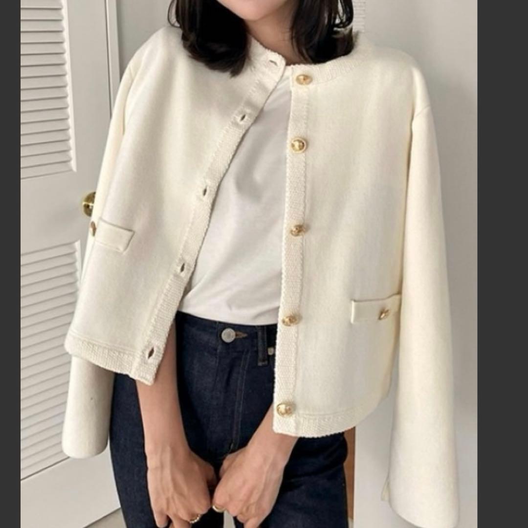 【anuans】オリジナルボタンノーカラーニットジャケット