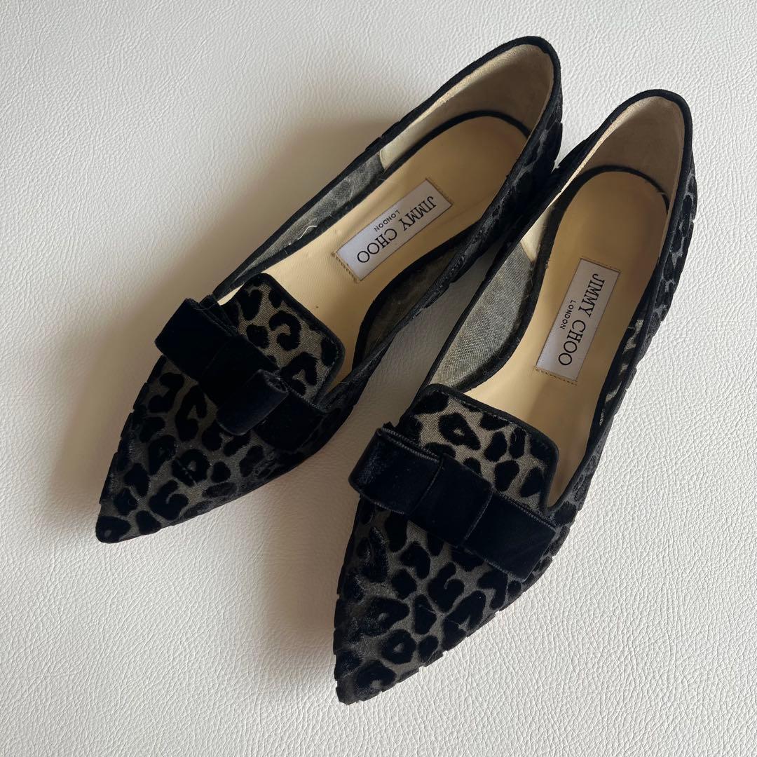 ジミーチュウ　ベロアリボン　レオパードパンプス　ポインテッドトゥ　金ロゴプレート