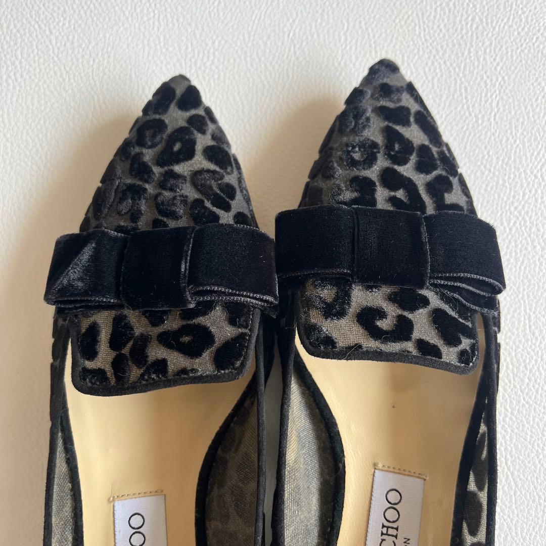 ジミーチュウ　ベロアリボン　レオパードパンプス　ポインテッドトゥ　金ロゴプレート