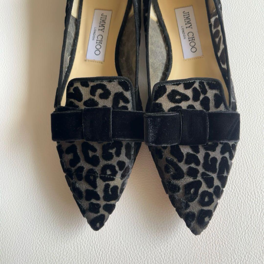 ジミーチュウ　ベロアリボン　レオパードパンプス　ポインテッドトゥ　金ロゴプレート