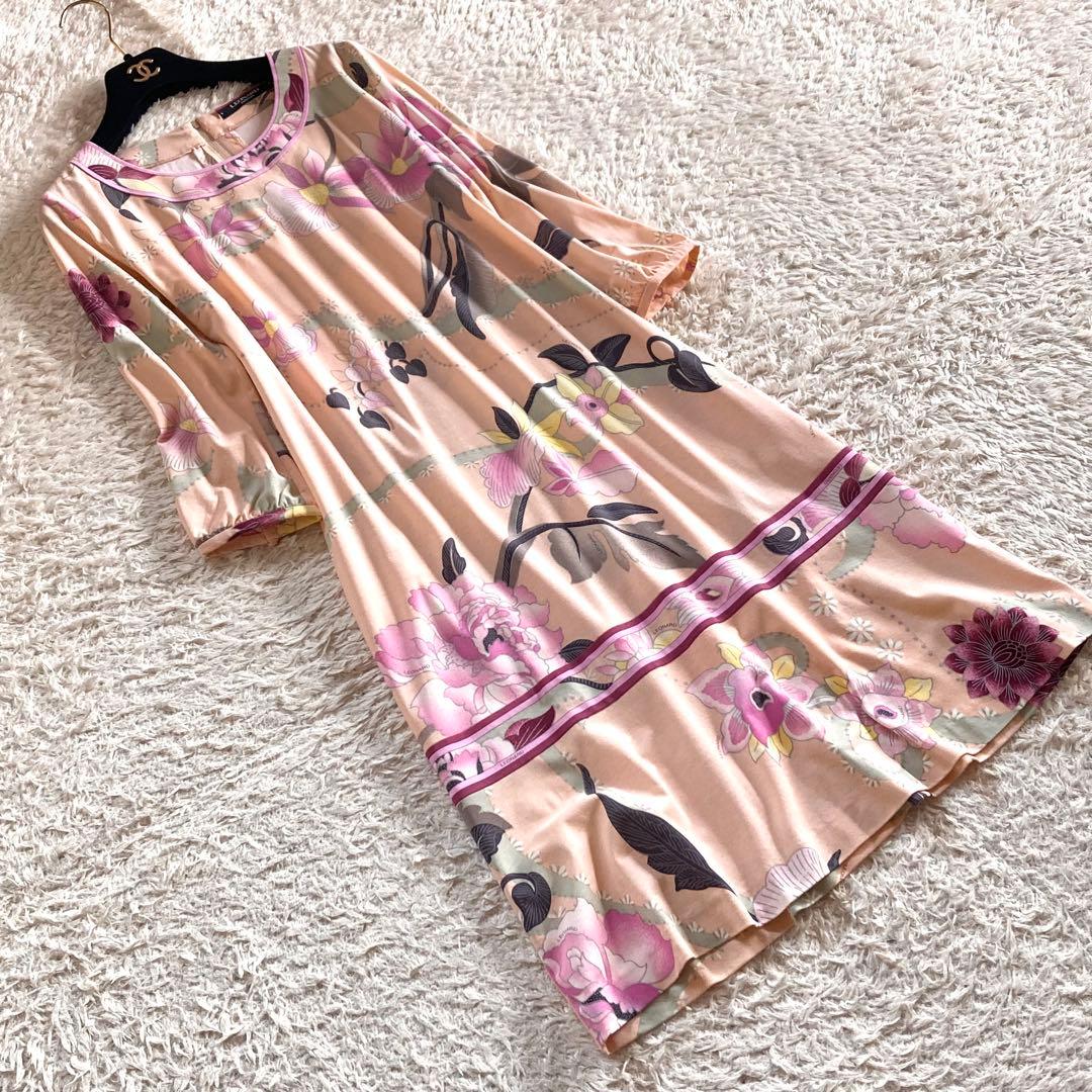 【極美品】レオナール ボタニカルワンピース フラワートリム 花柄 Aライン